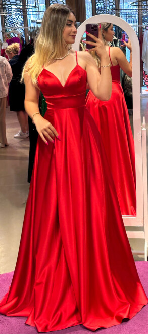 Red Spaghetti Strap Low-Cut Back Wrap Slit Flared Skirt Satin Long Evening Dress 6777 - 1