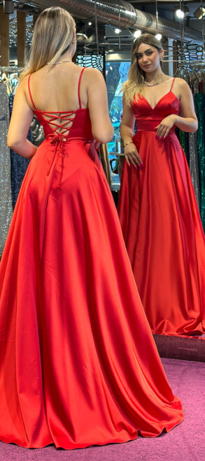 Red Spaghetti Strap Low-Cut Back Wrap Slit Flared Skirt Satin Long Evening Dress 6777 - 4