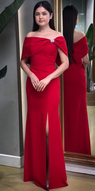 Red Stone Detailed Slit Straight Cut Crepe Long Evening Dress 7701 