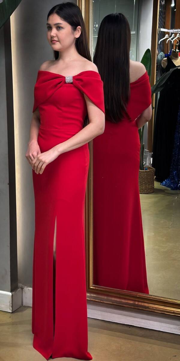 Red Stone Detailed Slit Straight Cut Crepe Long Evening Dress 7701 - 3