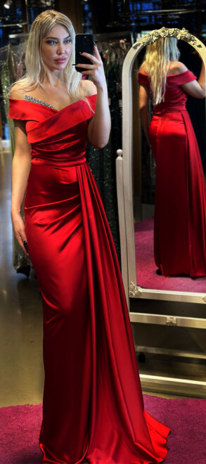 Red Stone Detailed Slit Straight Cut Satin Long Evening Dress 7443 - 1