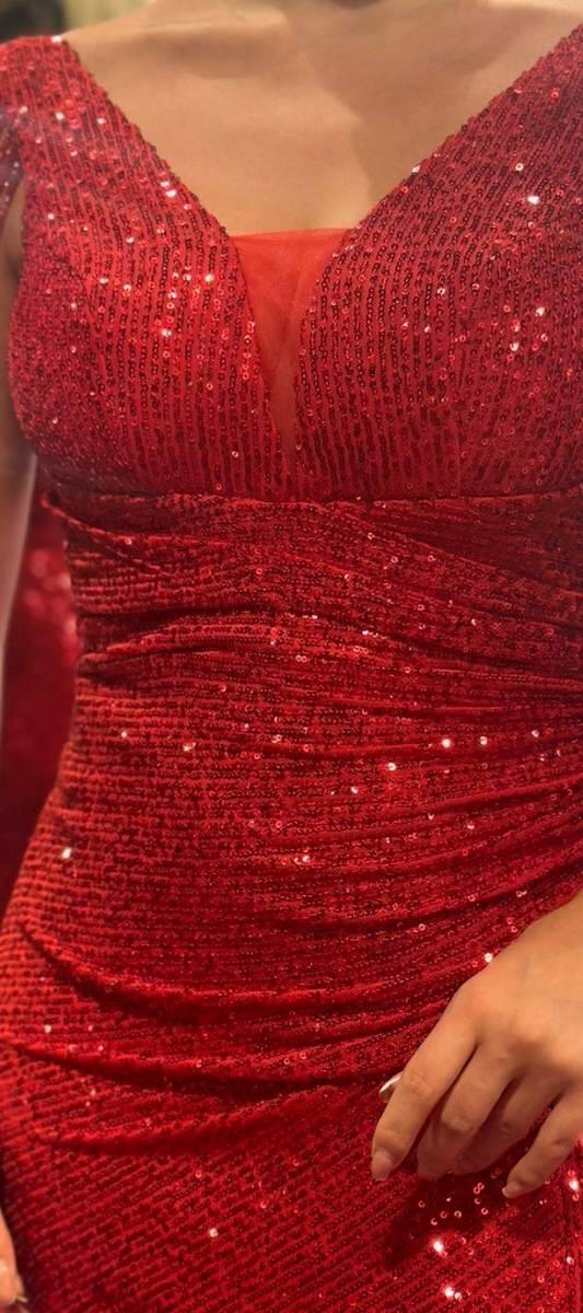 Red Thick Strap Beaded Slit Straight Cut Sequin Long Evening Dress 7570 - 4