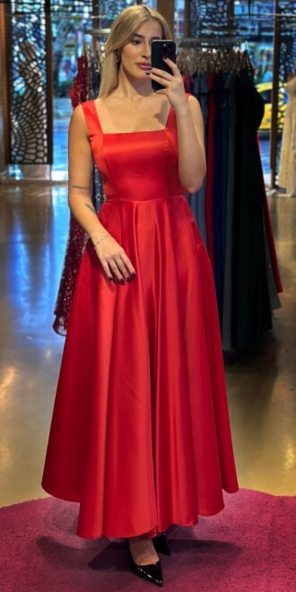 Red Thick Strap Flared Skirt Satin Midi Evening Dress 7631 