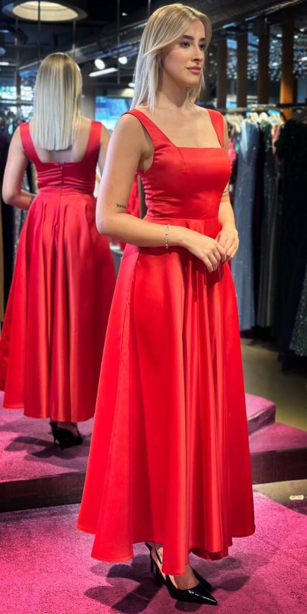 Red Thick Strap Flared Skirt Satin Midi Evening Dress 7631 - 3