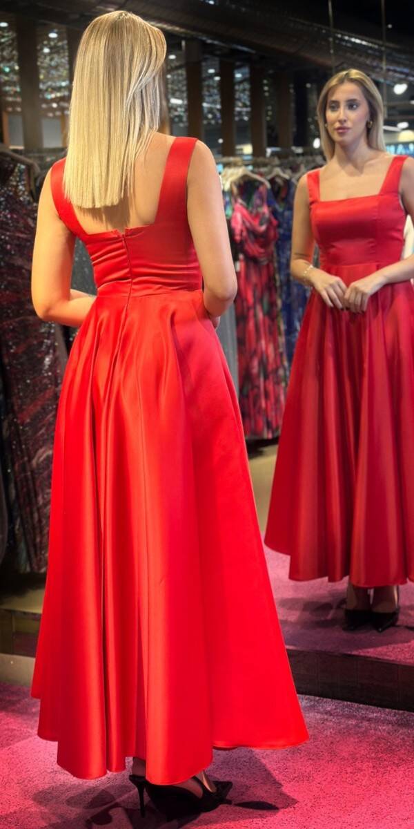 Red Thick Strap Flared Skirt Satin Midi Evening Dress 7631 - 5