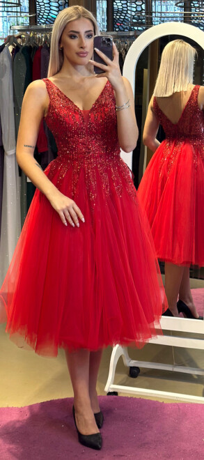 Red Thick Strap Flared Skirt Tulle Midi Evening Dress 7023 