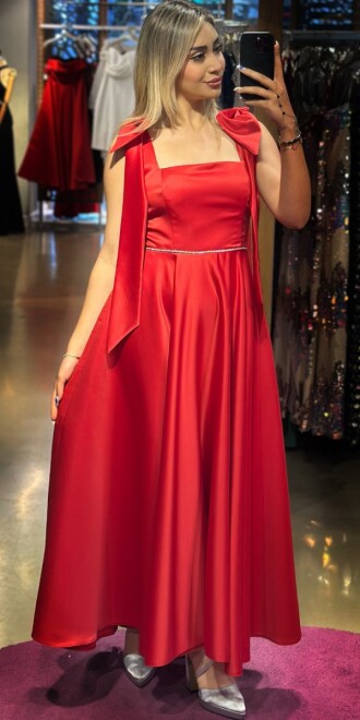 Red Thick Strap Ribbon Detailed Flared Skirt Satin Midi Evening Dress 7667 