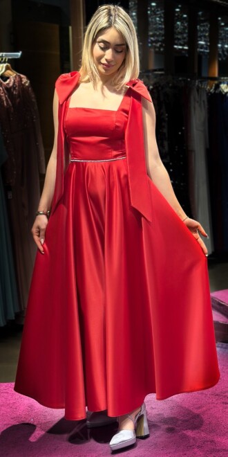 Red Thick Strap Ribbon Detailed Flared Skirt Satin Midi Evening Dress 7667 - 3