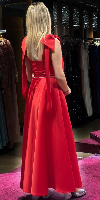 Red Thick Strap Ribbon Detailed Flared Skirt Satin Midi Evening Dress 7667 - 5