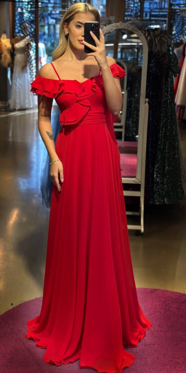 Red Thin Strapped Flared Skirt Chiffon Long Evening Dress 6415 - 1