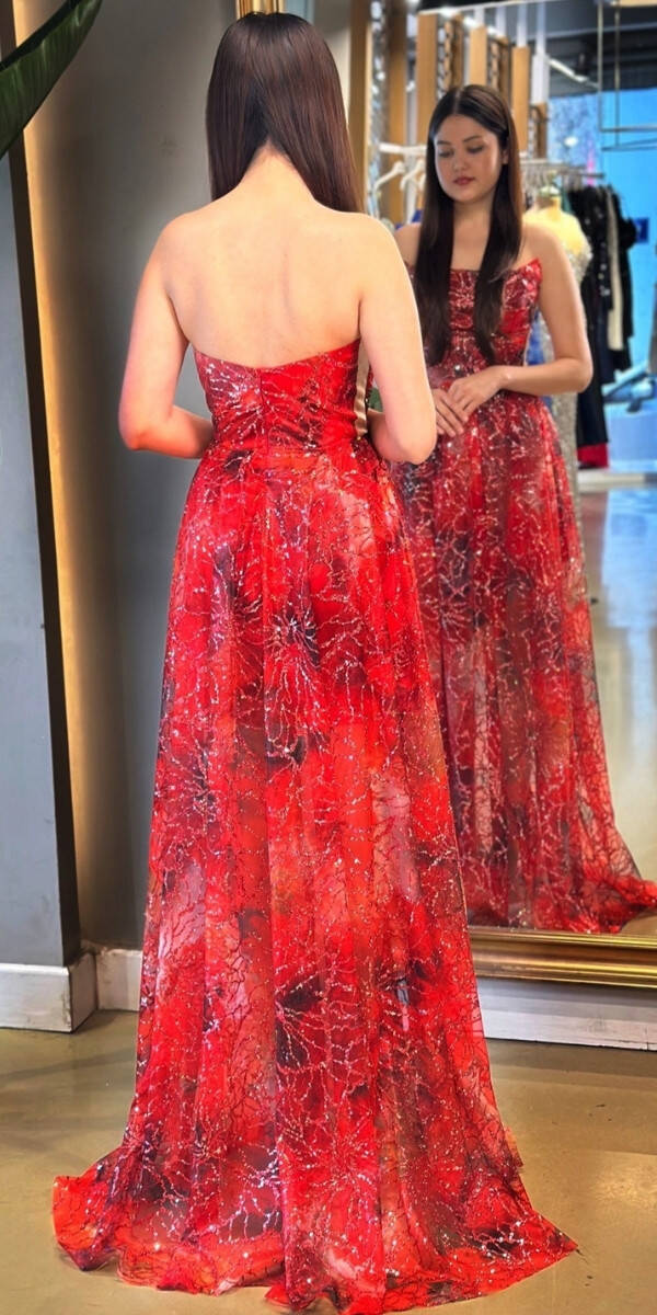 Red Wrap Slit Flared Skirt Patterned Long Evening Dress 7678 - 5