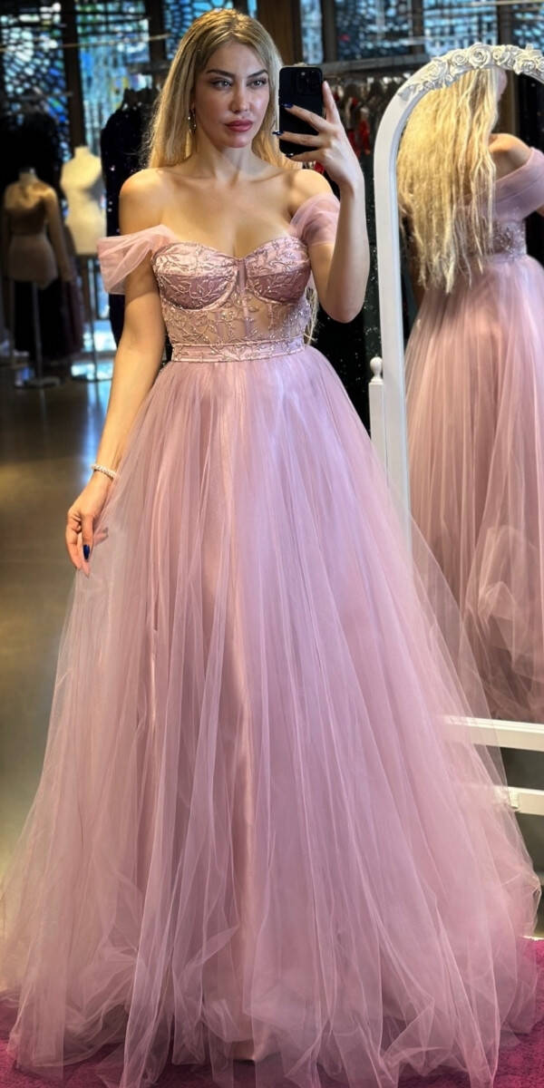 Rose Flared Skirt Tulle Long Evening Dress 7256 - 1