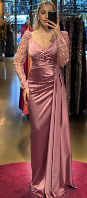 Rose Long Sleeve Feather Detailed Slit Straight Cut Satin Long Evening Dress 7442 