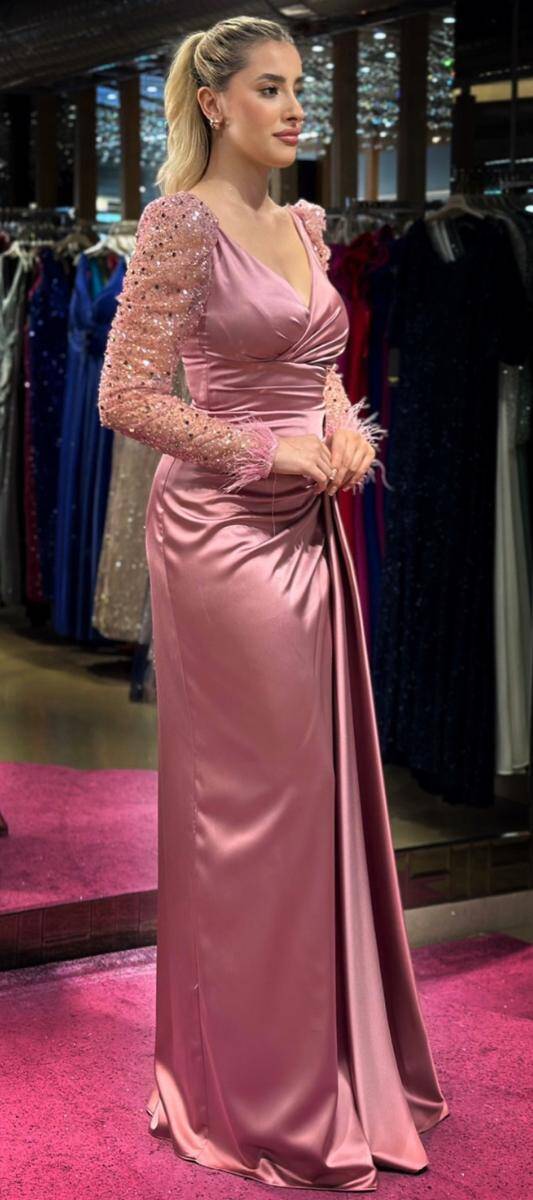 Rose Long Sleeve Feather Detailed Slit Straight Cut Satin Long Evening Dress 7442 - 3