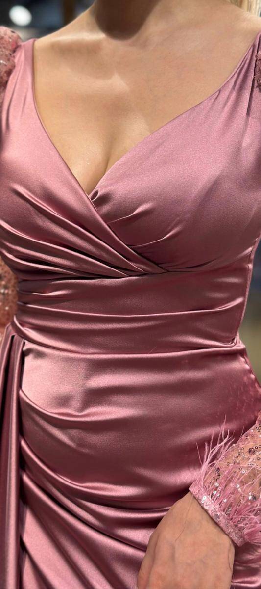 Rose Long Sleeve Feather Detailed Slit Straight Cut Satin Long Evening Dress 7442 - 4