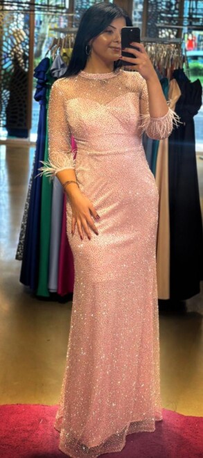 Rose Long Sleeve Feather Detailed Straight Cut Glitter Long Evening Dress 7549 