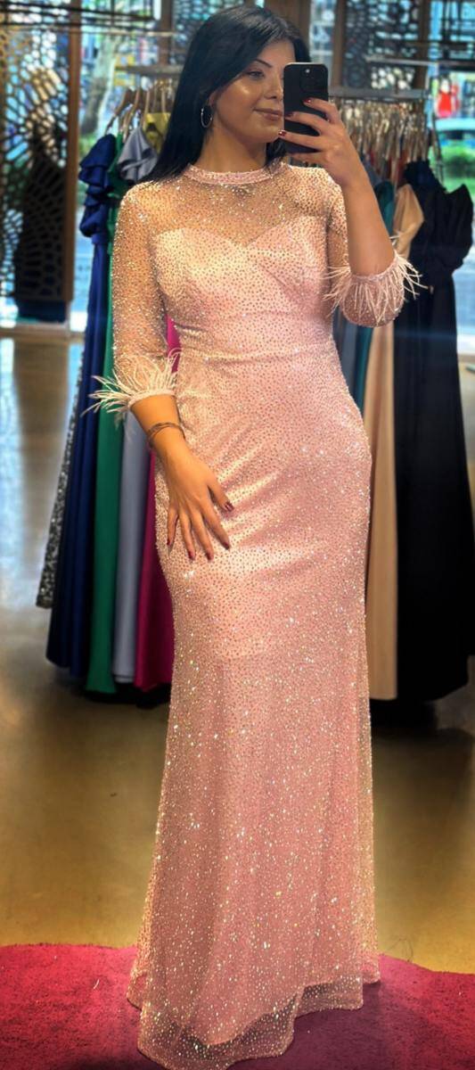 Rose Long Sleeve Feather Detailed Straight Cut Glitter Long Evening Dress 7549 - 1