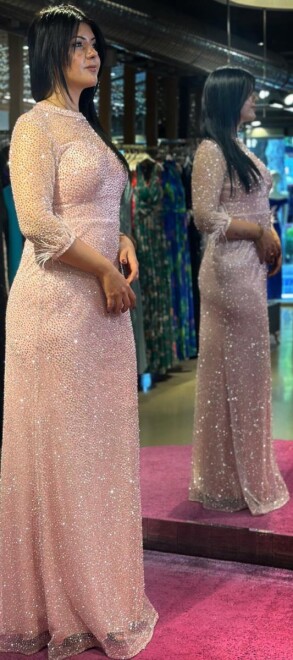 Rose Long Sleeve Feather Detailed Straight Cut Glitter Long Evening Dress 7549 - 3