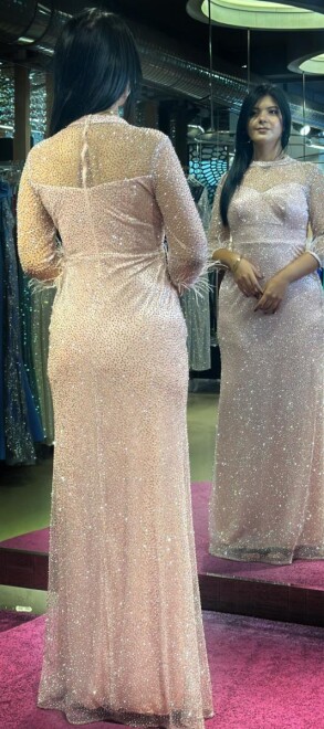 Rose Long Sleeve Feather Detailed Straight Cut Glitter Long Evening Dress 7549 - 5