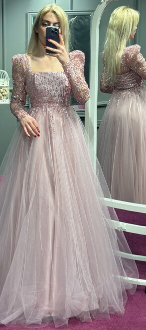 Rose Long Sleeve Flared Skirt Tulle Long Evening Dress 7352 - 1