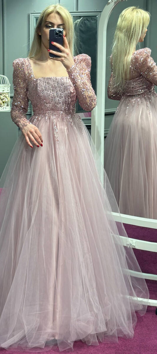 Rose Long Sleeve Flared Skirt Tulle Long Evening Dress 7352 - 1