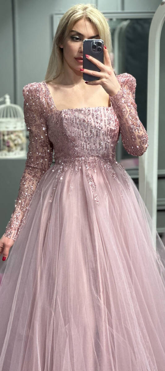 Rose Long Sleeve Flared Skirt Tulle Long Evening Dress 7352 - 2