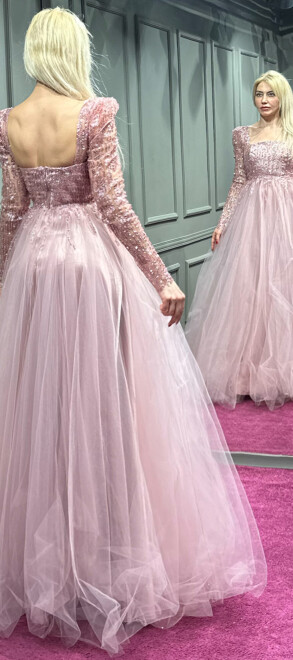 Rose Long Sleeve Flared Skirt Tulle Long Evening Dress 7352 - 5