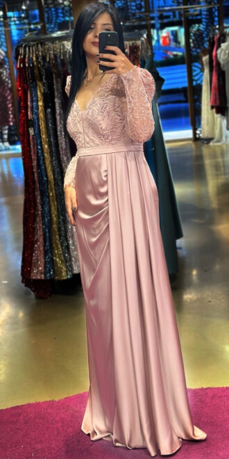 Rose Long Sleeve Slit Straight Cut Satin Long Evening Dress 7244 