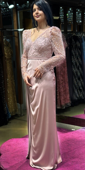 Rose Long Sleeve Slit Straight Cut Satin Long Evening Dress 7244 - 3