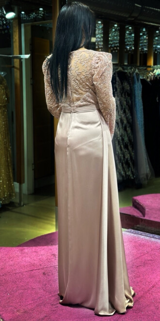 Rose Long Sleeve Slit Straight Cut Satin Long Evening Dress 7244 - 5