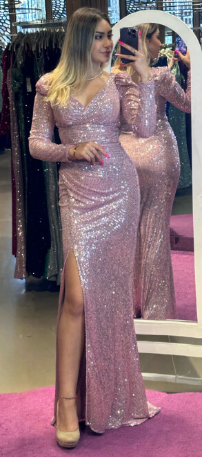 Rose Long Sleeve Slit Straight Cut Sequin Long Evening Dress 7321 