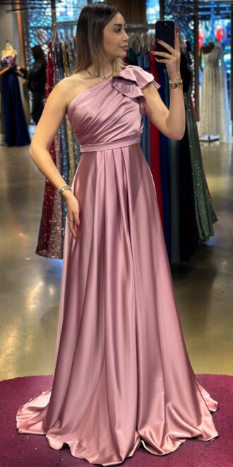 Rose One Shoulder Flared Skirt Satin Long Evening Dress 7501 