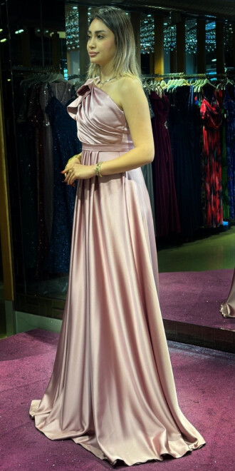 Rose One Shoulder Flared Skirt Satin Long Evening Dress 7501 - 3