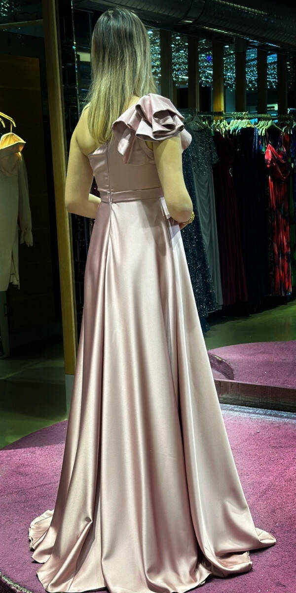 Rose One Shoulder Flared Skirt Satin Long Evening Dress 7501 - 5