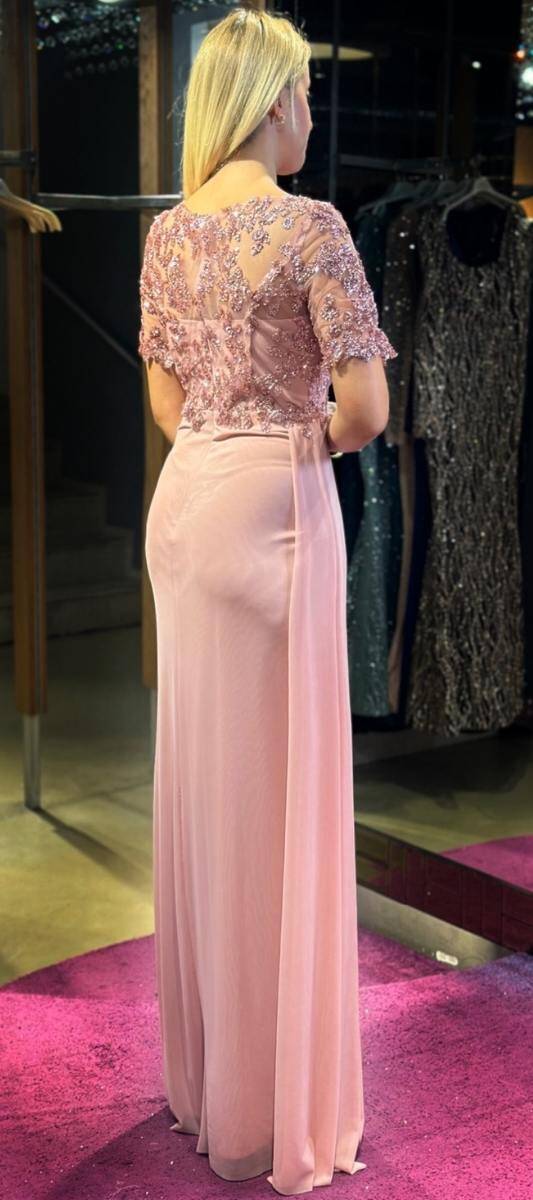 Rose Short Sleeve Slit Straight Cut Tulle Long Evening Dress 7574 - 4