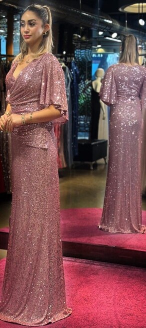 Rose Short Sleeve Straight Cut Sequin Long Evening Dress 7572 