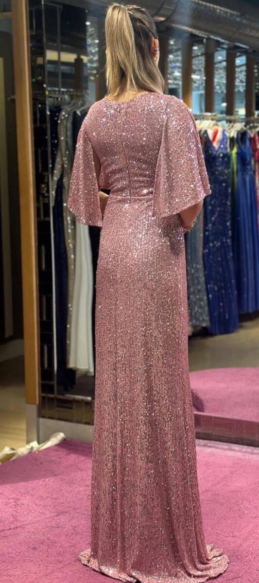 Rose Short Sleeve Straight Cut Sequin Long Evening Dress 7572 - 3