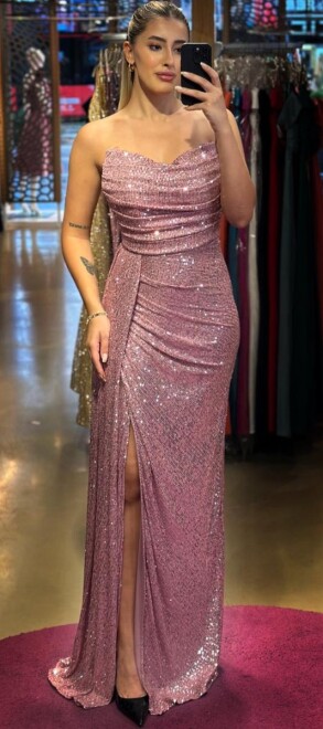 Rose Slit Straight Cut Sequin Long Evening Dress 7368 