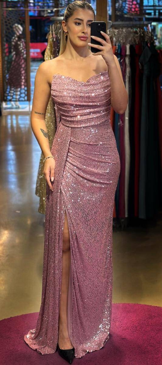 Rose Slit Straight Cut Sequin Long Evening Dress 7368 - 1