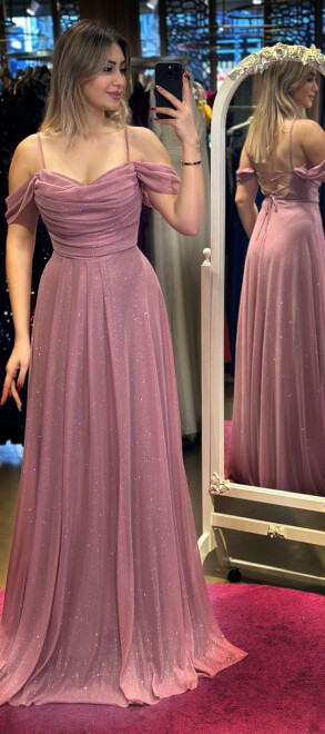 Rose Spaghetti Strap Low-Cut Back Flared Skirt Glitter Fabric Long Evening Dress 7365 