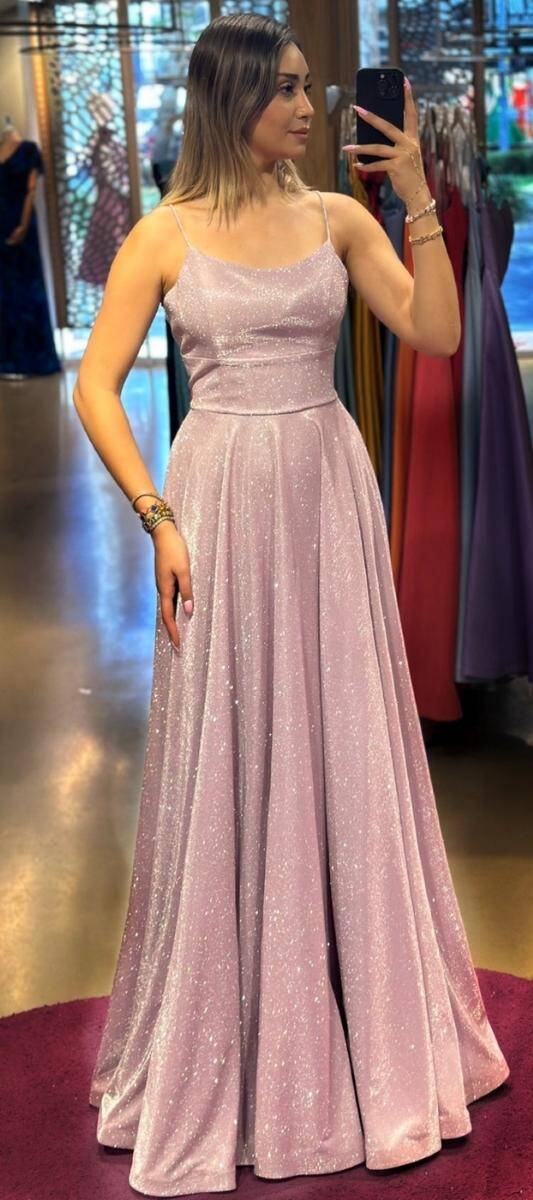 Rose Spaghetti Strap Low-Cut Back Flared Skirt Glitter Long Evening Dress 7601 - 1