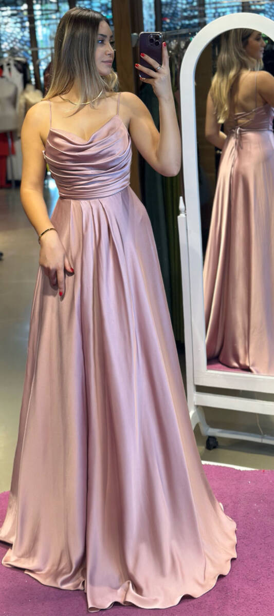 Rose Spaghetti Strap Low-Cut Back Flared Skirt Satin Long Evening Dress 7281 - 1