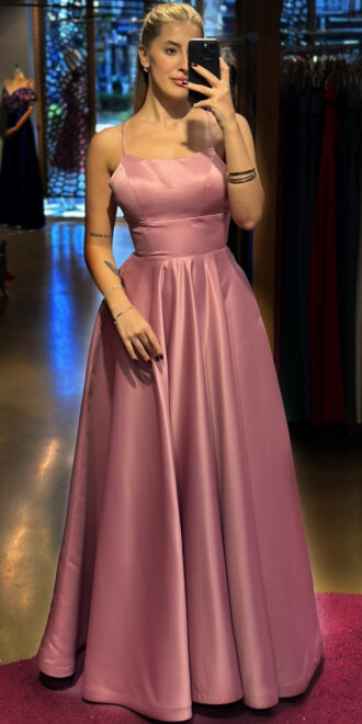 Rose Spaghetti Strap Low-Cut Back Flared Skirt Satin Long Evening Dress 7590 