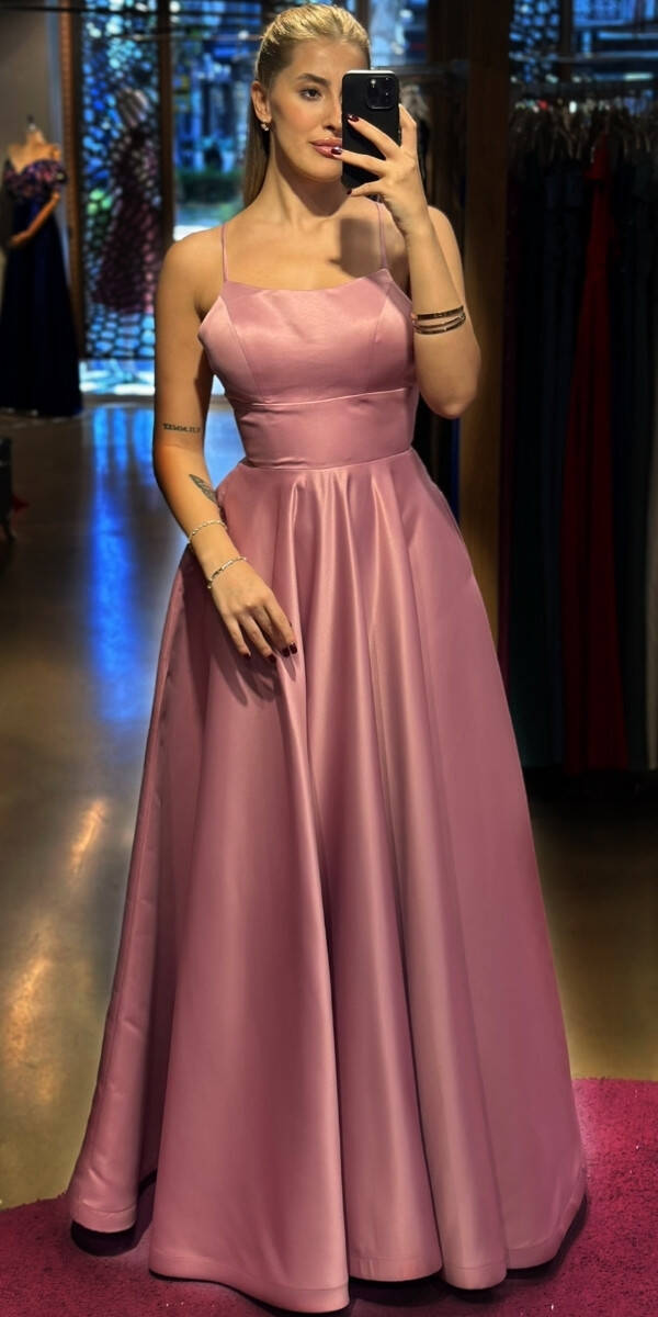 Rose Spaghetti Strap Low-Cut Back Flared Skirt Satin Long Evening Dress 7590 - 1