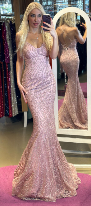 Rose Spaghetti Strap Low-Cut Back Mermaid Skirt Glitter Fabric Long Evening Dress 7105 