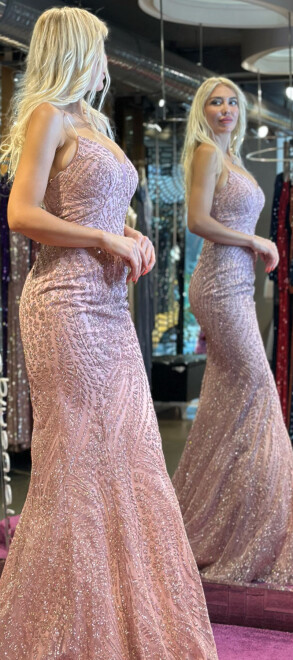 Rose Spaghetti Strap Low-Cut Back Mermaid Skirt Glitter Fabric Long Evening Dress 7105 - 3