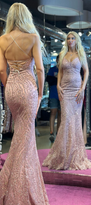 Rose Spaghetti Strap Low-Cut Back Mermaid Skirt Glitter Fabric Long Evening Dress 7105 - 5