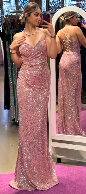 Rose Spaghetti Strap Low-Cut Back Straight Cut Sequin Long Evening Dress 7265 - 1