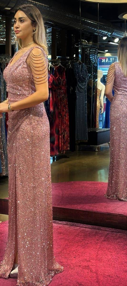 Rose Thick Strap Beaded Slit Straight Cut Sequin Long Evening Dress 7609 - 3