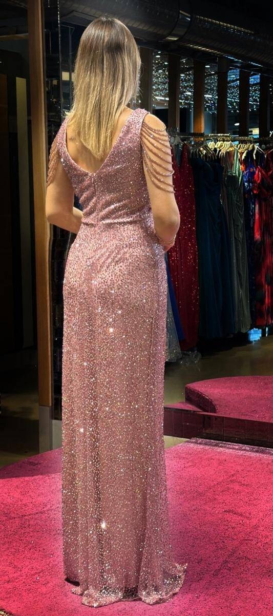 Rose Thick Strap Beaded Slit Straight Cut Sequin Long Evening Dress 7609 - 5